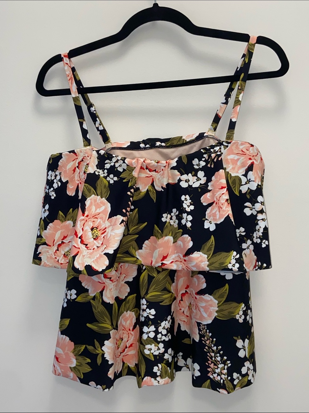 Kona Sol Black Floral Tiered Bandeau Tankini Top 3707